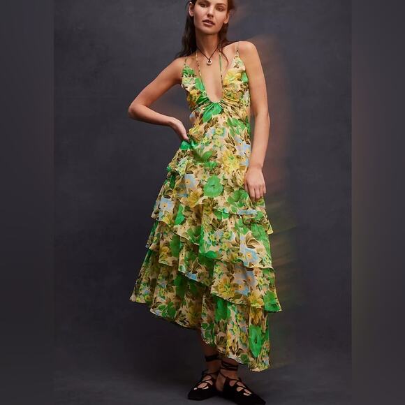 NWT ASTR Aneira Green Yellow Floral Tiered Ruffled Maxi Dress XL - Picture 1 of 10